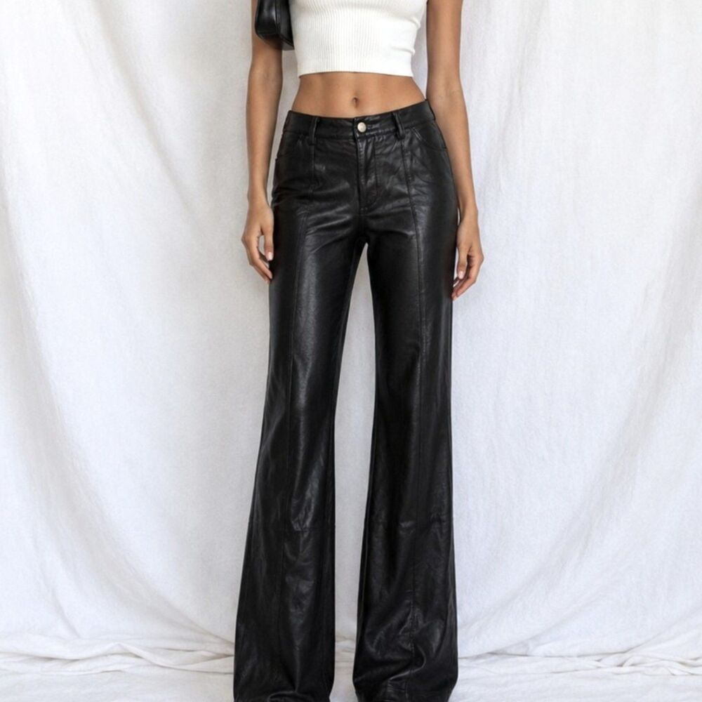 Vintage Y2K 90s Black Faux Leather High Waisted Boot Cut Pants Trousers Size S